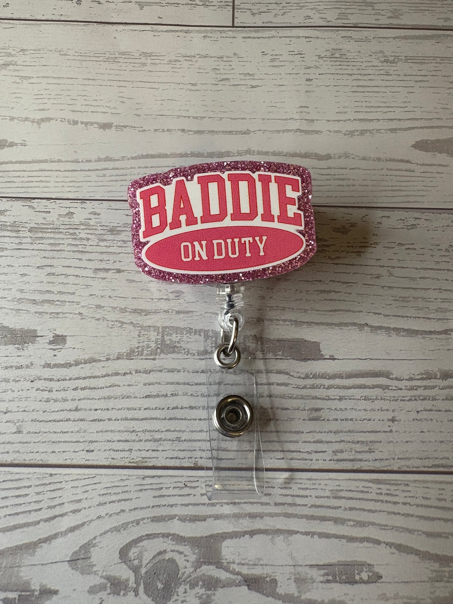 Baddie on Duty Badge Reel | Pink Glitter ID Holder