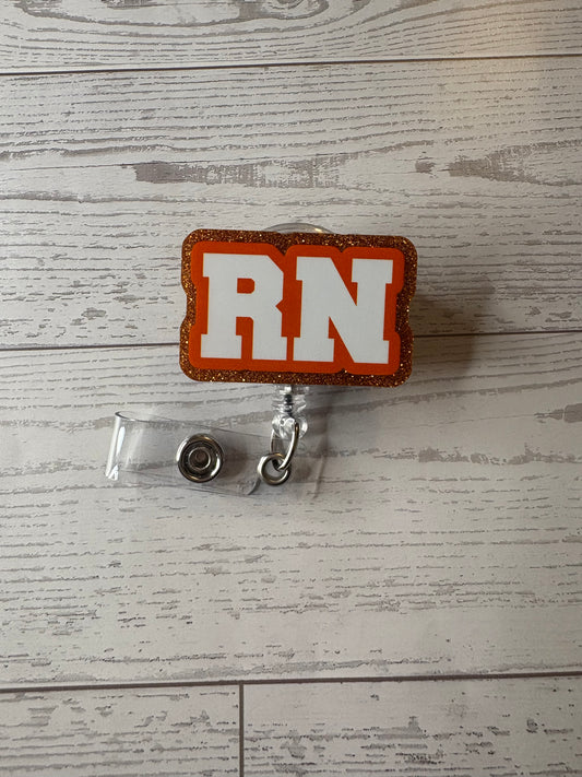 RN Nurse Badge Reel | Orange Glitter Retractable ID Holder