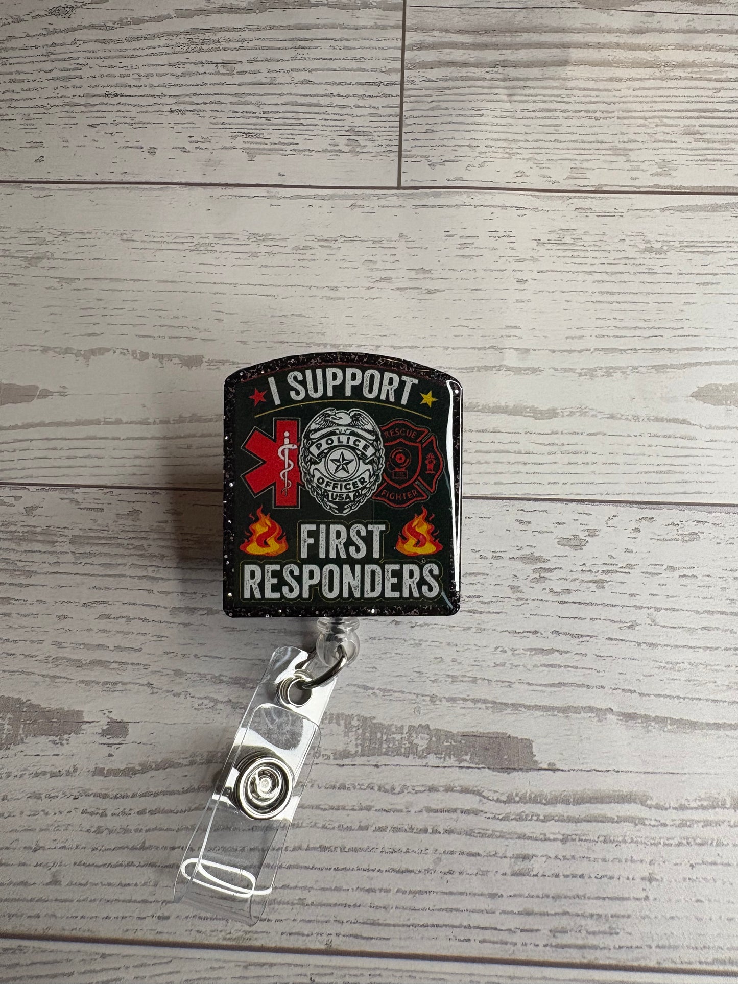 Support First Responders Badge Reel – Fire EMS Police – Retractable Work ID Holder